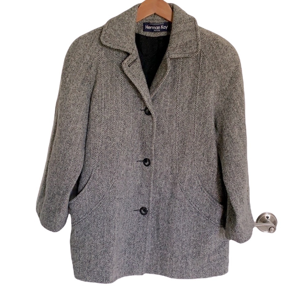 Herman Kay Womens Wool Blend Pea Coat Gray Herringbone Pattern - size 4P